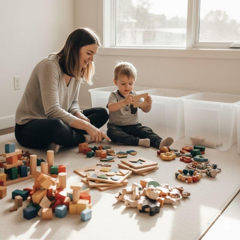 A parent and toddler playing with wooden toys on a rug