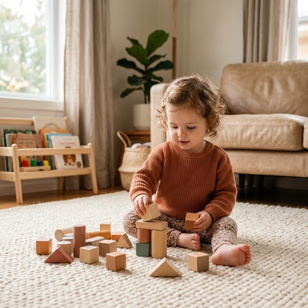 A toddler stacking wooden blocks in a living room