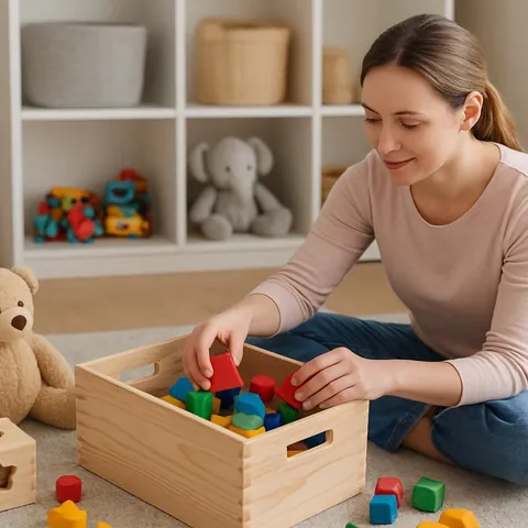 A parent tidying toys into a wooden box