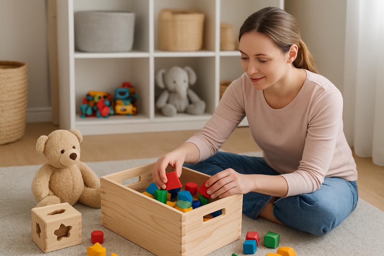 A parent tidying toys into a wooden box